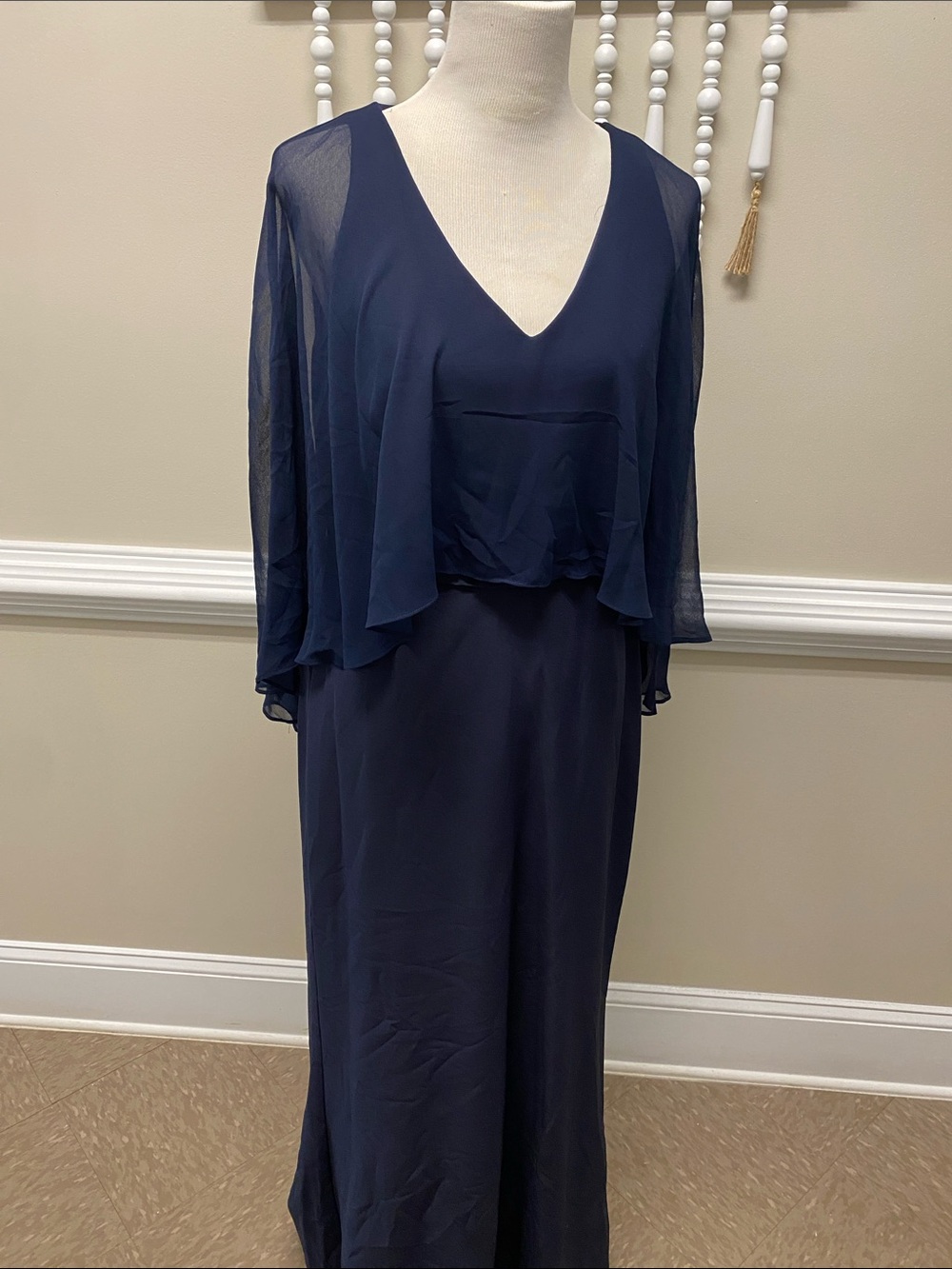 Lauren Ralph Lauren Navy V-Neck Chiffon Overlay Gown